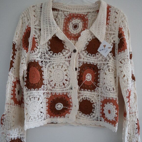 Crochet cardigan, apricot, S - cozy cottagecore cotton cute knitwear - Picture 1 of 5